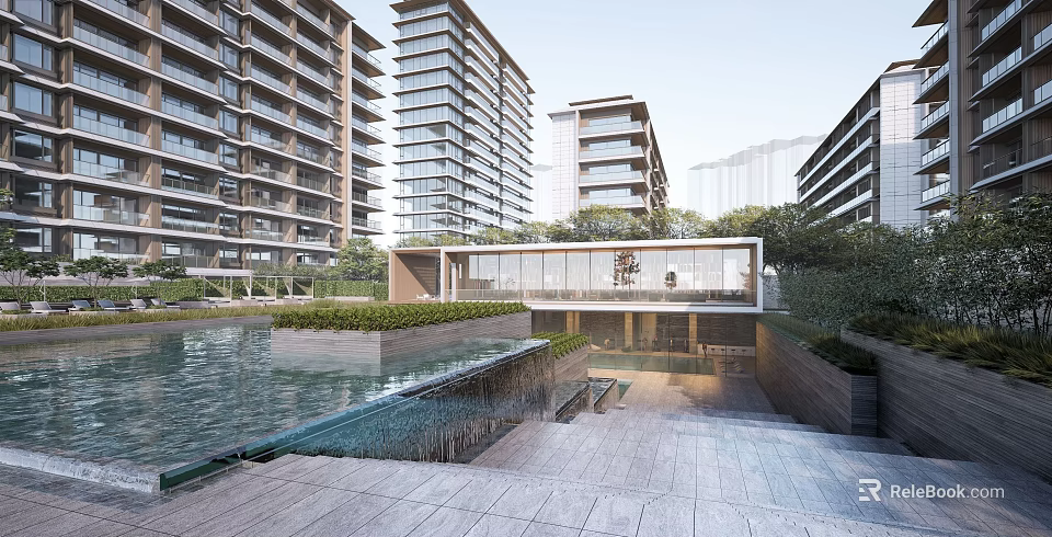 Modern High Rise Residential Complex With Water Features Glass Structure Courtyard Stone Pavement And Greenery 3d model 