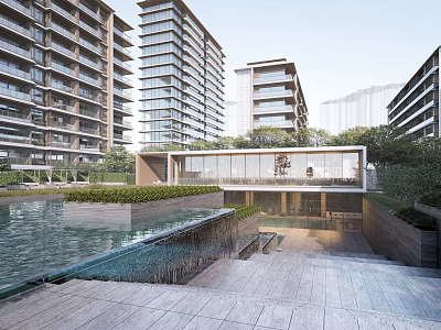 Modern High Rise Residential Complex With Water Features Glass Structure Courtyard Stone Pavement And Greenery 3d model