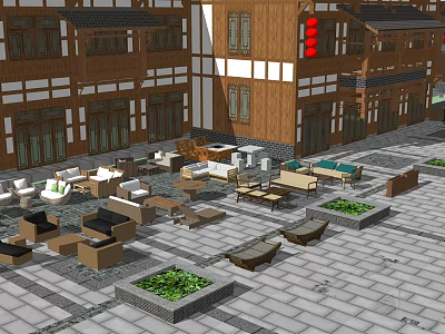 Traditional Chinese Style Commercial Street With Seating Area Green Plants And Stone Paved Ground 3d model