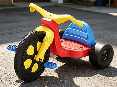 Colorful Kids Tricycle With Yellow Handlebar Red Seat Blue Pedals Black Wheels And Yellow Spokes 3d model