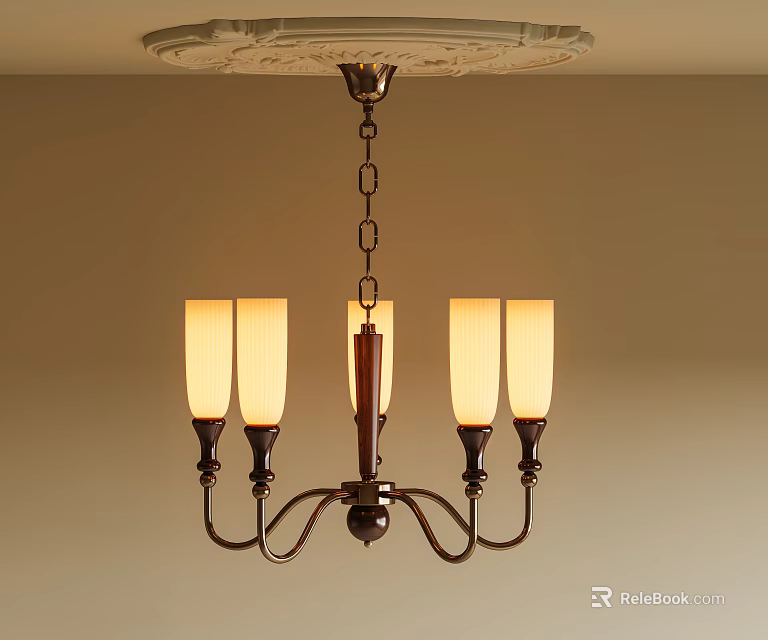 Classic Four Light Chandelier With Cream Lampshades Bronze Metal Frame And Decorative Ceiling Plate 3d model 