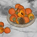 Fresh Persimmons in Stone Bowl with Pine Cone on Marble Surface