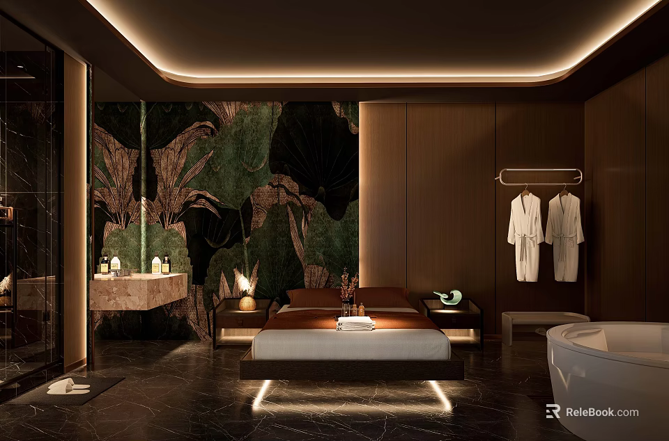 Modern Luxury SPA Sauna Interior With Marble Wall Massage Bed Bathrobes Bathtub And Lighting Ambiance 3d model 