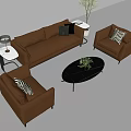 Modern Brown Leather Sofa Coffee Table Set With Armchairs Side Table Lamp And Plants 3d model