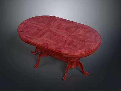 Red Oval Dining Table With Geometric Pattern Top And Carved Legs 3d model