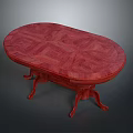 Red Oval Dining Table With Geometric Pattern Top And Carved Legs 3d model
