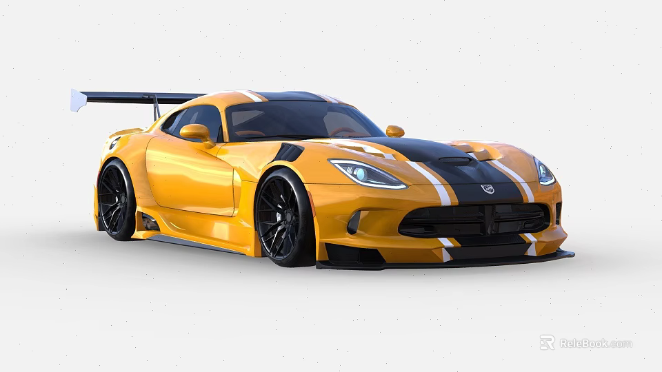Yellow Two Door Sports Car With Black Stripes Rear Spoiler And Large Wheels 3d model 