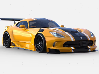 Yellow Two Door Sports Car With Black Stripes Rear Spoiler And Large Wheels 3d model