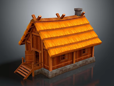 Cartoon Scene Featuring Cute Wooden Cottage With Orange Thatched Roof Stone Base And Wooden Stairs 3d model
