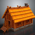 Cartoon Scene Featuring Cute Wooden Cottage With Orange Thatched Roof Stone Base And Wooden Stairs