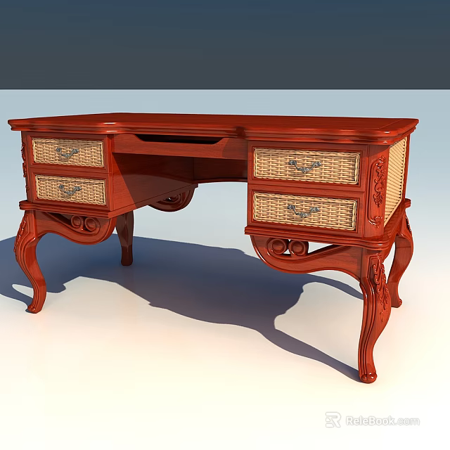 Classic Wooden Writing Desk Featuring Carved Accents Rattan Drawers And Ornate Curved Legs 3d model 