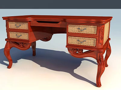 Classic Wooden Writing Desk Featuring Carved Accents Rattan Drawers And Ornate Curved Legs 3d model