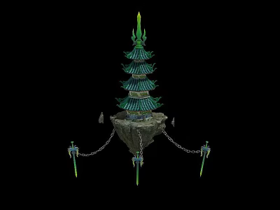 Green Pagoda Structure on Rock Base with Chains and Decorative Swords Fantasy Design 3d model