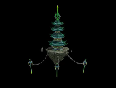 Green Pagoda Structure on Rock Base with Chains and Decorative Swords Fantasy Design 3d model