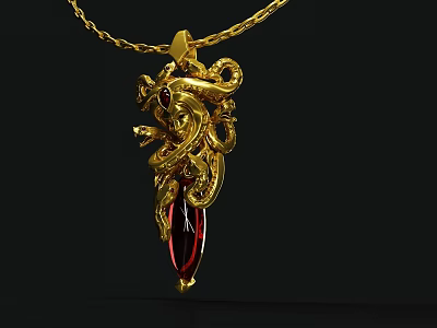Luxury Gold Pendant Necklace With Intricate Dragon Design And Red Gemstone Jewelry 3d model