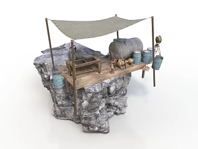 Modern Outdoor Rock Platform With Canvas Awning Metal Tank Wooden Barrels And Hanging Buckets 3d model