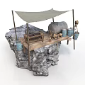 Modern Outdoor Rock Platform With Canvas Awning Metal Tank Wooden Barrels And Hanging Buckets