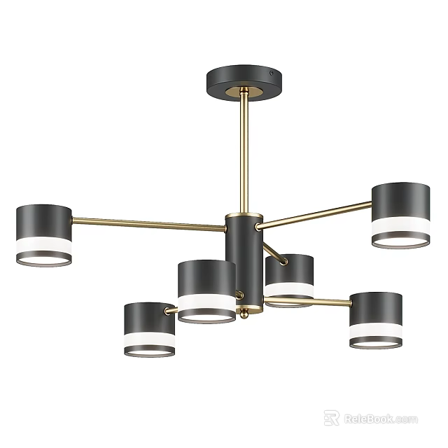 Modern Black and Gold Chandelier with Sleek Metal Arms and Multiple Black Shades 3d model 