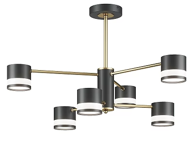 Modern Black and Gold Chandelier with Sleek Metal Arms and Multiple Black Shades 3d model