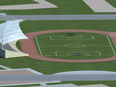 Outdoor Football Field With Green Grass White Lines Red Track And White Roofed Stands 3d model