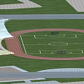 Outdoor Football Field With Green Grass White Lines Red Track And White Roofed Stands