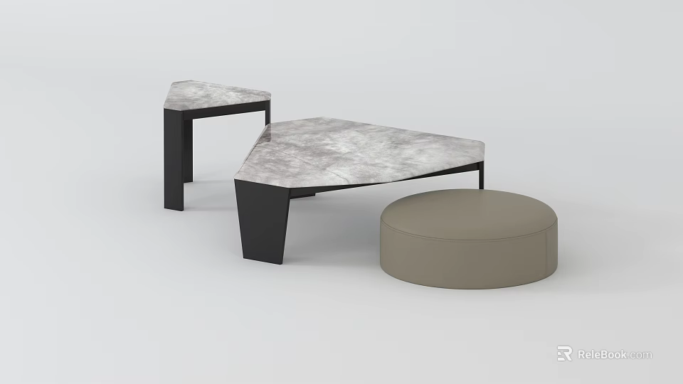 Modern Luxury Triangular Coffee Table With Marble Top Black Metal Frame And Beige Round Stool 3d model