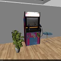 Playground Interior with Arcade Machine Green Plant Small Table White Walls Wooden Floor Lighting