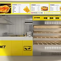 Yellow Restaurant Interior With Open Kitchen Menu Display Counter And Shelves 3d model