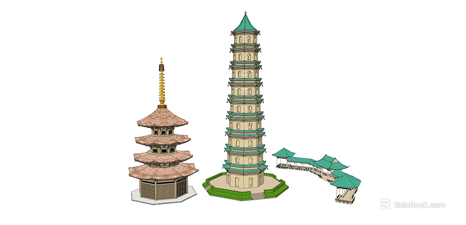 Traditional Chinese Multi story Pagoda Green Roof Pavilions And Bridge Design 3d model 