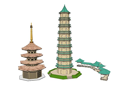 Traditional Chinese Multi story Pagoda Green Roof Pavilions And Bridge Design 3d model