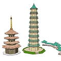Traditional Chinese Multi story Pagoda Green Roof Pavilions And Bridge Design