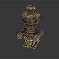 Round Stone Vase On Intricate Carved Base With Scroll Floral Patterns 3d model