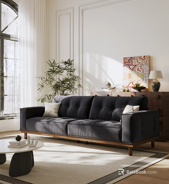 Comfortable Black Leisure Sofa Set In Living Room With Pillows Green Plant And Artwork 3d model 