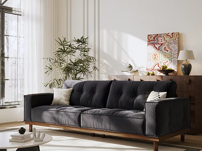 Comfortable Black Leisure Sofa Set In Living Room With Pillows Green Plant And Artwork 3d model