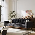 Comfortable Black Leisure Sofa Set In Living Room With Pillows Green Plant And Artwork