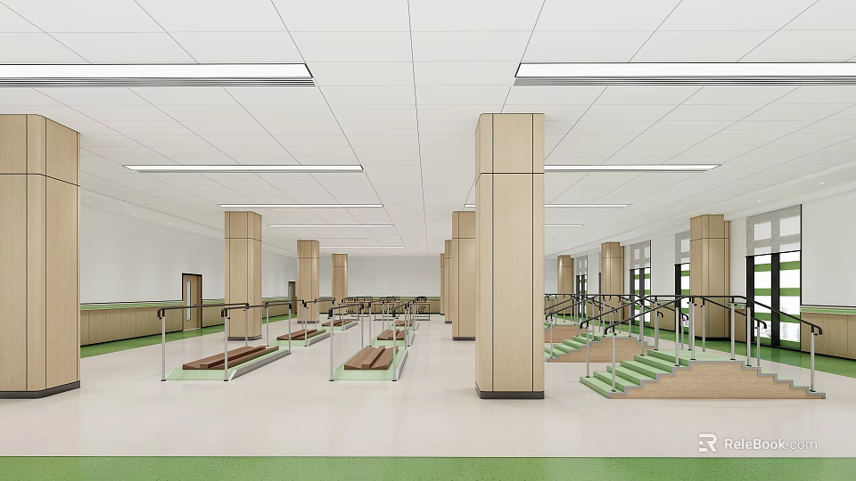 Spacious Indoor Accessible Training Space With Ramps Handrails Green Flooring And Columns 3d model 
