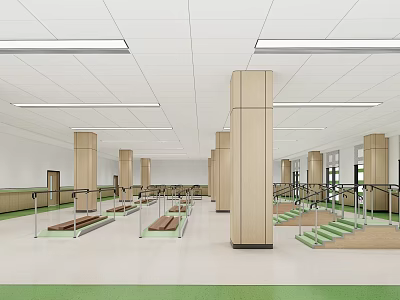 Spacious Indoor Accessible Training Space With Ramps Handrails Green Flooring And Columns 3d model