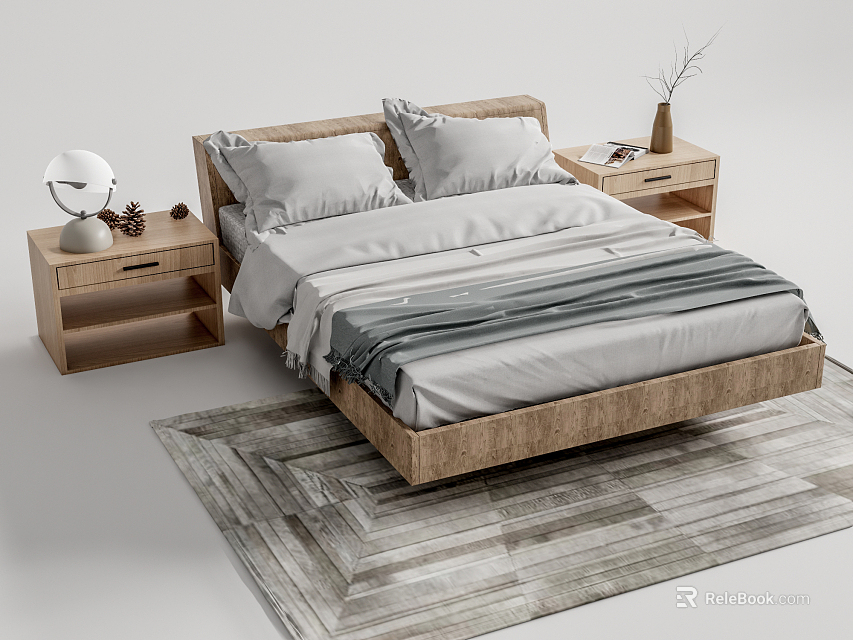 Wooden Double Bed with Pillows and Bedspread on Bedside Tables with Lamp Vase and Rug 3d model 