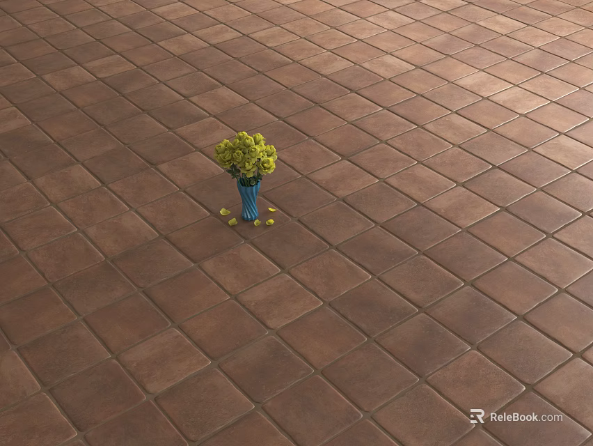 Brown Square Textured Floor Tiles With Blue Vase And Yellow Flowers 3d model 