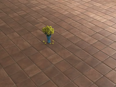 Brown Square Textured Floor Tiles With Blue Vase And Yellow Flowers 3d model