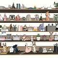 Cute Plush Dolls Displayed On Shelves With Books Plants And Decorative Items