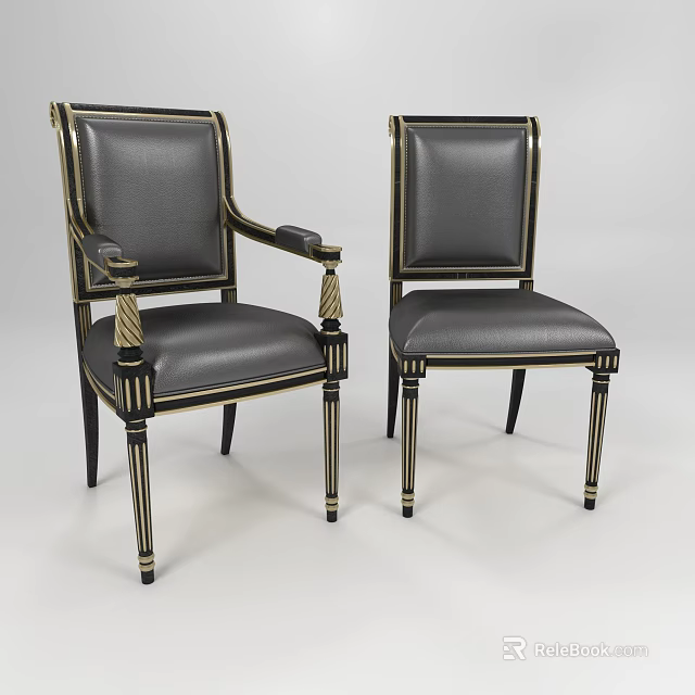 Ornate Black Leather Dining Chairs With Gold Accents And Armrest Details 3d model 