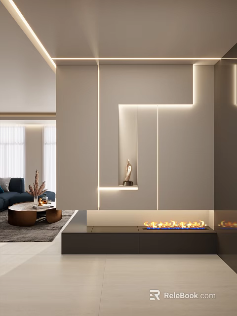 Modern Minimalist Entryway Hallway With Lighting Strips Fireplace And Decorative Items 3d model 