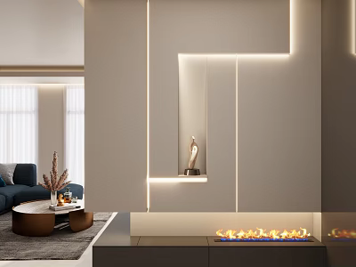 Modern Minimalist Entryway Hallway With Lighting Strips Fireplace And Decorative Items 3d model