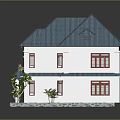 Two Story White House Model With Blue Roof Red Windows And Small Garden