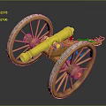 Antique Golden Cannon With Wooden Wheels And Metal Decorations On Dark Background