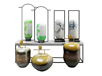 Ceramic Vases And Jars With Various Patterns On Marble Countertop And Black Metal Frames 3d model