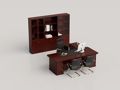 Dark Office Desk With Two Black Chairs Computer Monitor Glass Door Bookcase And Coffee Maker 3d model