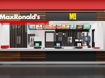 Modern MaxRonald's Café Interior Design With Red Black Counter And Digital Menu Screens 3d model