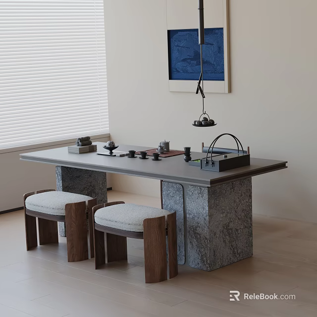 Modern Tea Room Interior With Long Table Stone Legs Wooden Stools Tea Sets Blue Art 3d model